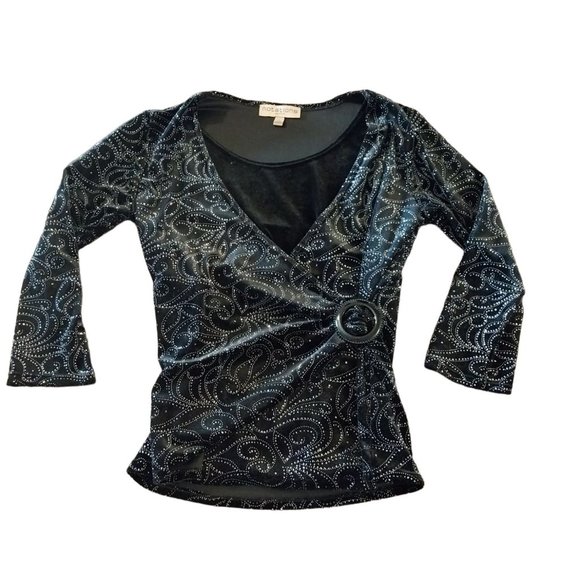 Notations Petite PS Womens Velvet Black Shimmer Long Sleeve Shirt Top - Picture 6 of 12